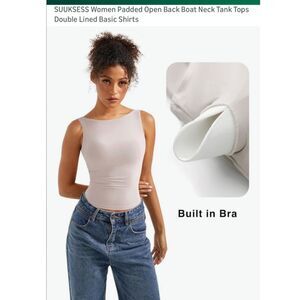 SUUKSESS *NEW* Padded Open Back Boat Neck Tank Tops Double Lined Stone M